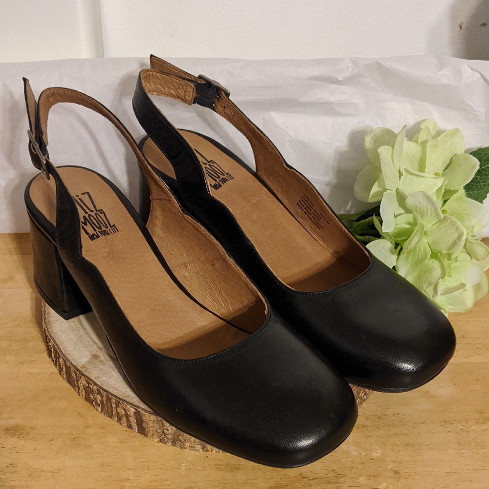 Miz Mooz Steffan Black Leather Slingback Heels with Block Heel Size 40